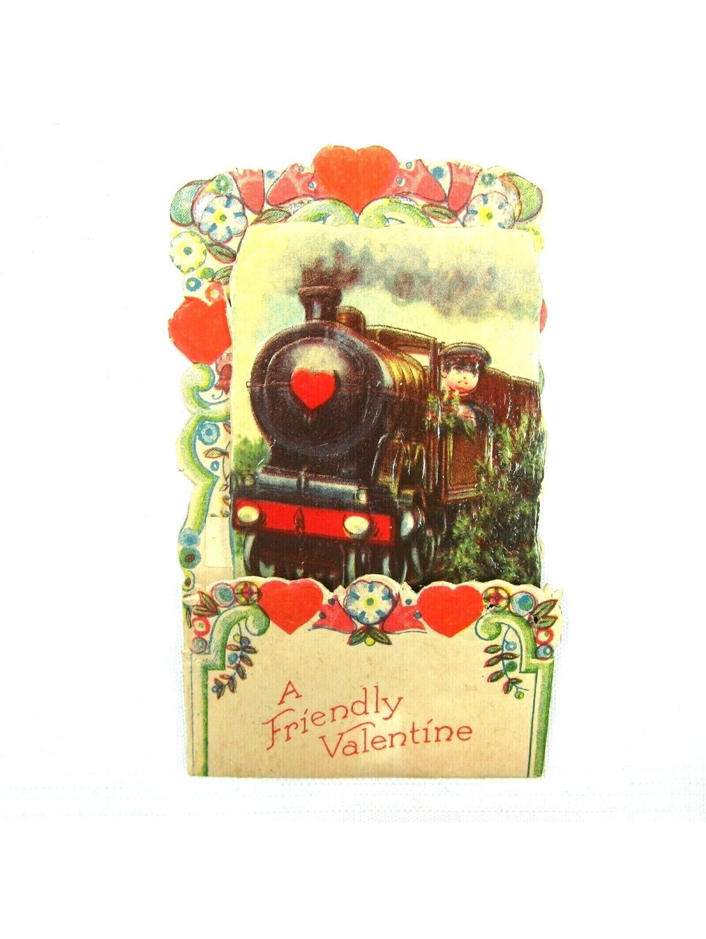 Vintage Valentine Pull Down Die Cut Boy Train Conductor Standup Germany 1920-30s